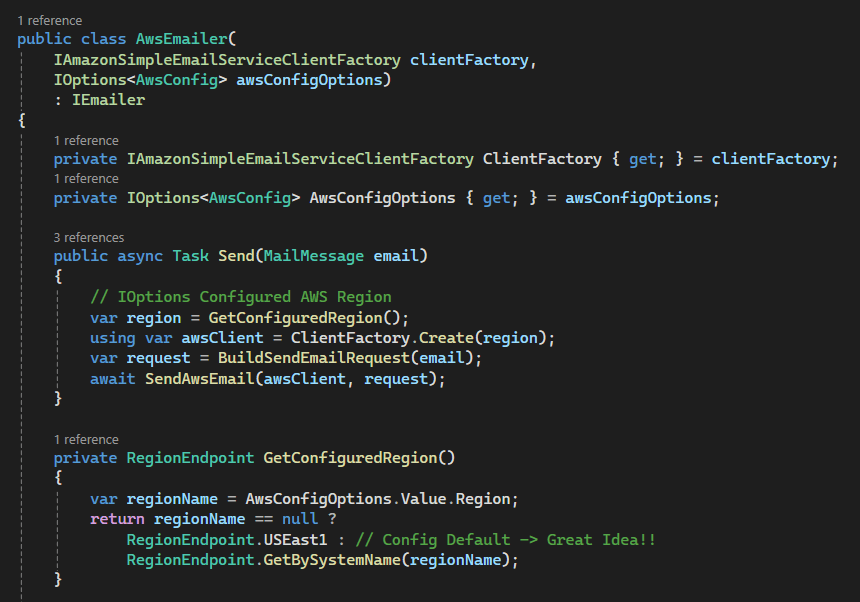 AwsEmailer using IOptions for config